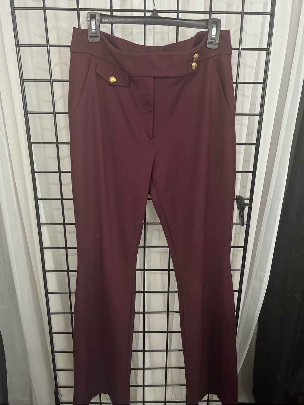 White House Black Market Burgundy Dress Boot CutTrousers with Gold Buttons.